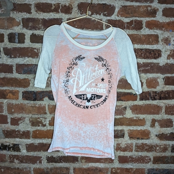 Affliction Medium Orange & White Graphic Sheer Short Sleeve Scoop Neck T-shirt - Picture 1 of 5